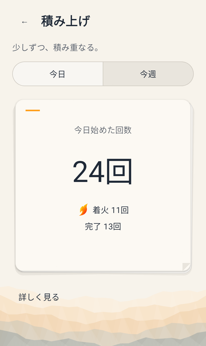 積み上げ画面。今日始めた回数、着火、完了の回数を紙の重なりで表示。
